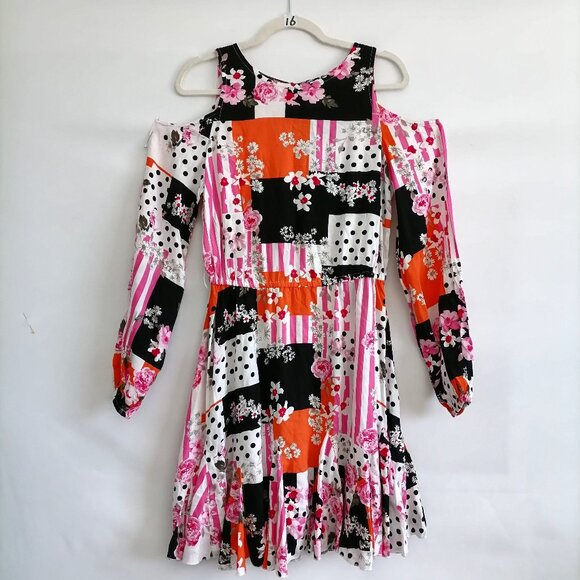Cato Womens Multicolor Polka Dot Patchwork Print Cold Shoulder Dress Size Medium - Picture 1 of 6